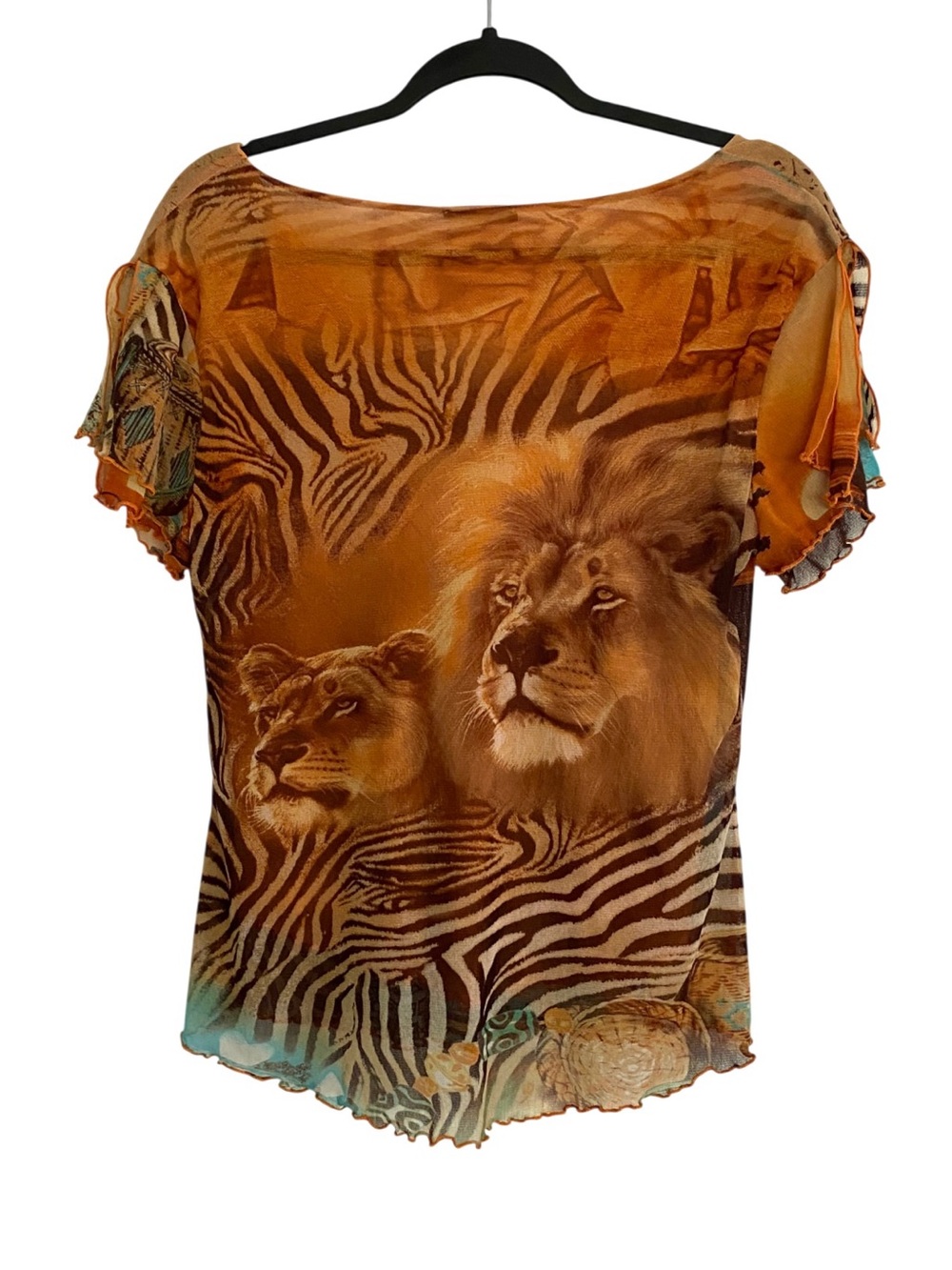 Vintage Mesh Top Y2K Safari Lion Zebra All Over Print Graphic Africa Map Tee